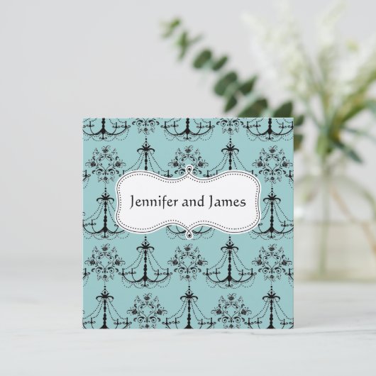 Blue Cream Chandelier Save the Date (Stehend Vorderseite)