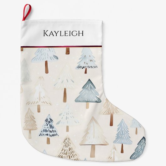 Blue Cream Christmas Trees bordeauxfarbene Streife Großer Weihnachtsstrumpf (Vorderseite)