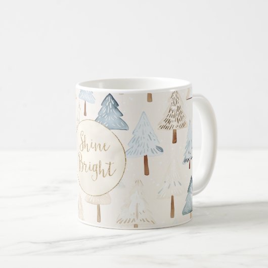 Blue Cream Christmas Trees Gold Glitzer Kaffeetasse (VorderseiteRechts)
