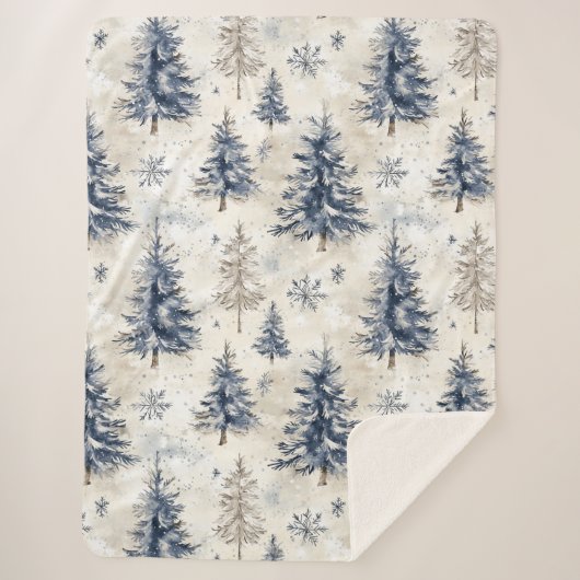 Blue Cream Christmas Trees Snowflakes Sherpadecke (Vorderseite)