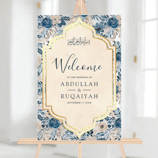 Blue Cream Floral Gold Muslim Wedding Welcome Acrylschild