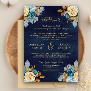 Blue Cream Floral Gold QR Code Muslim Hochzeit Einladung