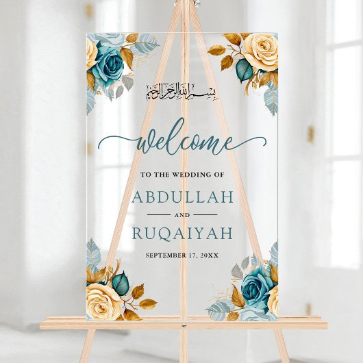 Blue Cream Floral Muslim Wedding Welcome Acrylschild