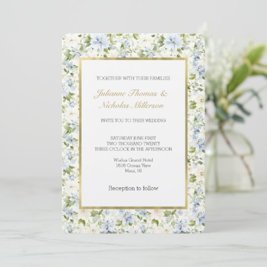 Blue Cream Floral Wedding Einladung (Stehend Vorderseite)