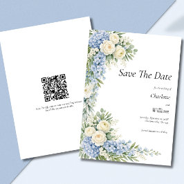 Blue Cream Florals Wedding Save The Date QR Code Einladung