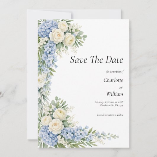 Blue Cream Florals Wedding Save The Date QR Code Einladung (Vorderseite)