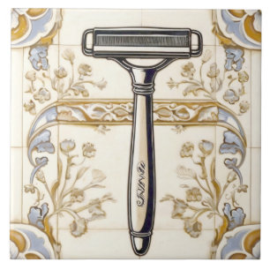 Blue Cream & Gold Razor Shaver Badezimmer Fliese