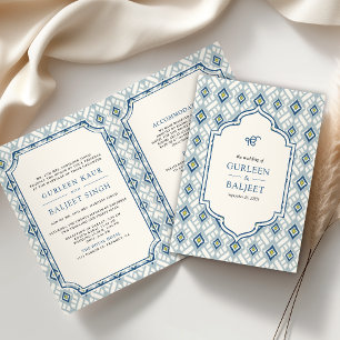 Blue Cream Ivory Ikat All in One Sikh Wedding Einladung
