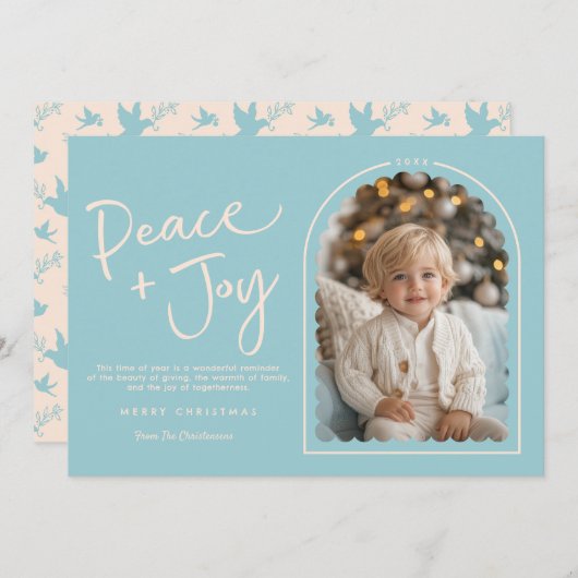 Blue Cream Modern Arch Peace Joy Foto Weihnachten (Vorne/Hinten)