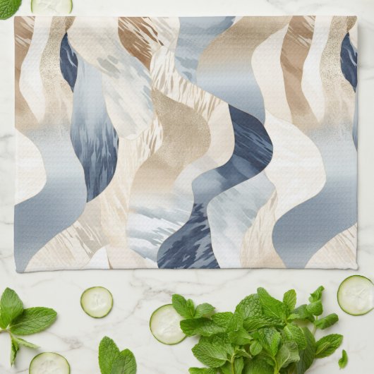 Blue Cream Sand Ivory Abstrakt Waves Beach Geschirrtuch (Gefaltet)