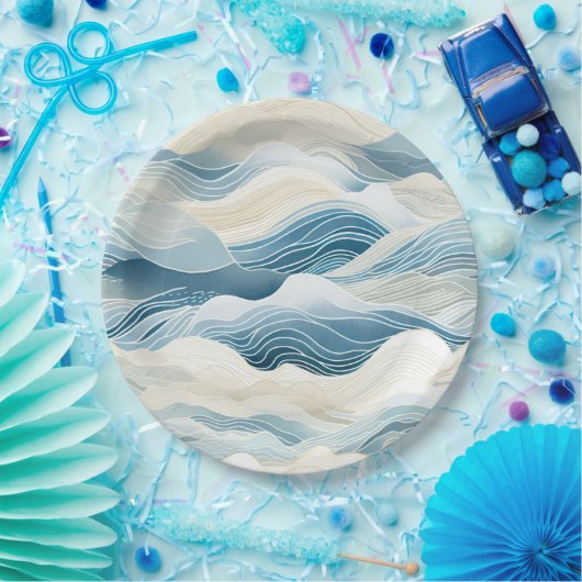 Blue Cream Sea Sand Ocean Waves Beach Pappteller (Party)