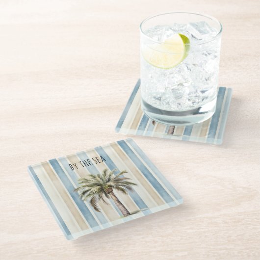 Blue Cream Stripes Tropical Palm Tree Glasuntersetzer (Schrägansicht)