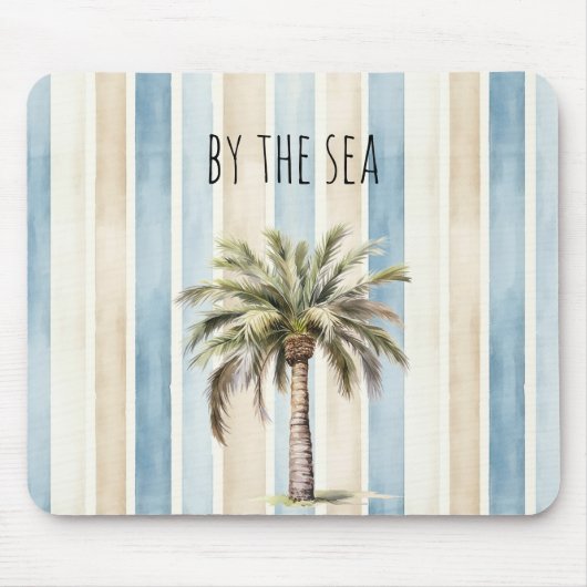 Blue Cream Stripes Tropical Palm Tree Mousepad (Vorne)