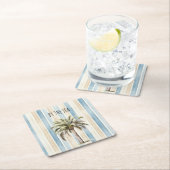 Blue Cream Stripes Tropical Palm Tree Rechteckiger Pappuntersetzer (Vor Ort)