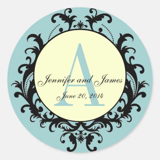 Blue Cream Wedding Monogram A Names Date Label Runder Aufkleber (Vorderseite)
