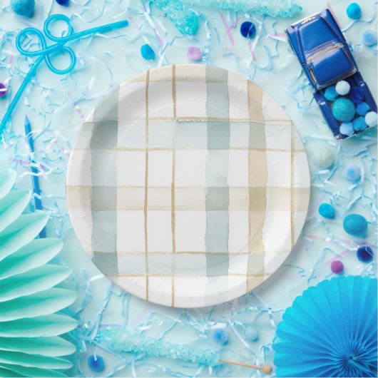Blue Cream White Plaid Stripes Birthday Pappteller (Party)