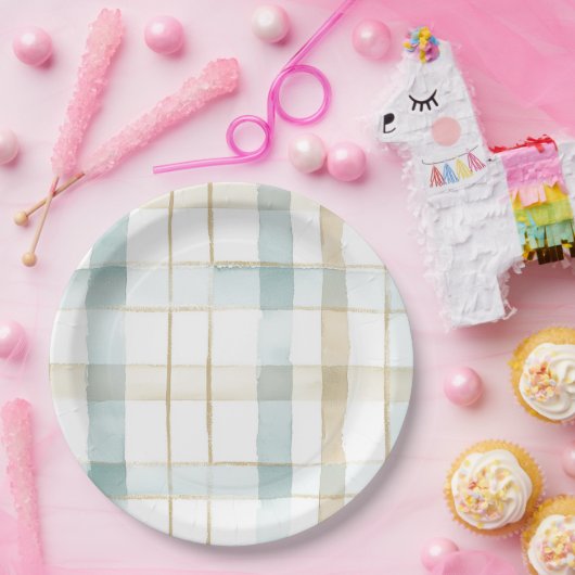 Blue Cream White Plaid Stripes Birthday Pappteller (Party)