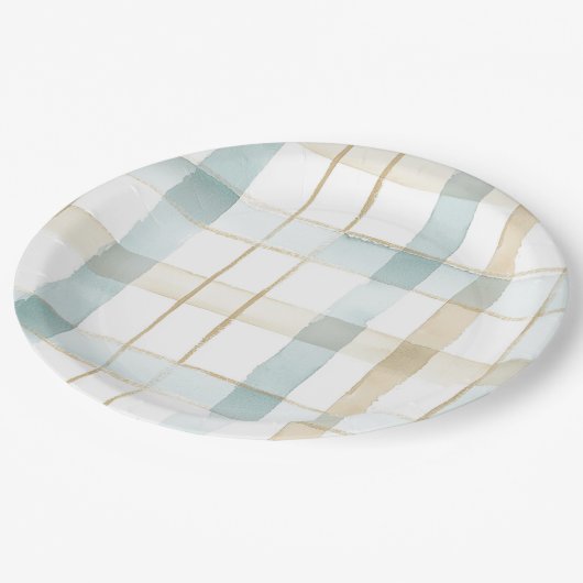 Blue Cream White Plaid Stripes Birthday Pappteller (Schrägansicht)