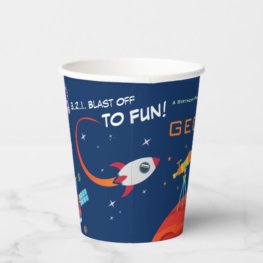 Blue Creative Space Rocket Astronaut Kids Birthday Pappbecher (Rechts)