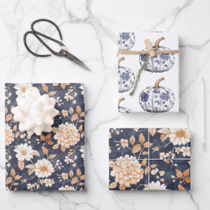 Blue Creme Peach Floral Pumpkins Geburtstag Geschenkpapier Set