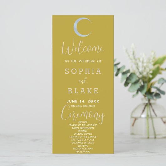 Blue Crescent Moon Celestial Gold Wedding Program (Stehend Vorderseite)