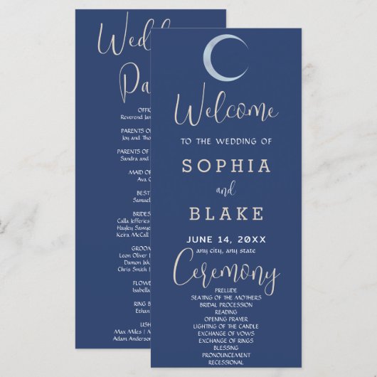 Blue Crescent Moon Dark Blue Wedding Program (Vorne/Hinten)