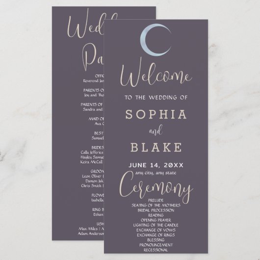 Blue Crescent Moon Smoke Gray Wedding Programm (Vorne/Hinten)