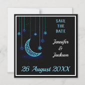 Blue Crescent Moon & Starry Sky Save the Date Magneteinladung (Vorderseite)