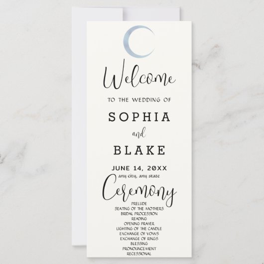Blue Crescent Moon White Cream Hochzeitsprogramm (Vorderseite)