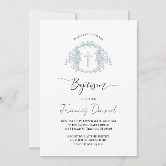 blue crest black script Baptism Invitation Einladung (Vorderseite)