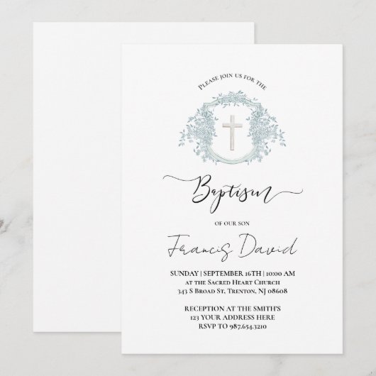 blue crest black script Baptism Invitation Einladung (Vorne/Hinten)