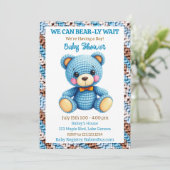 Blue Crocheted Teddy Bear Boy's Baby Shower Einladung (Stehend Vorderseite)