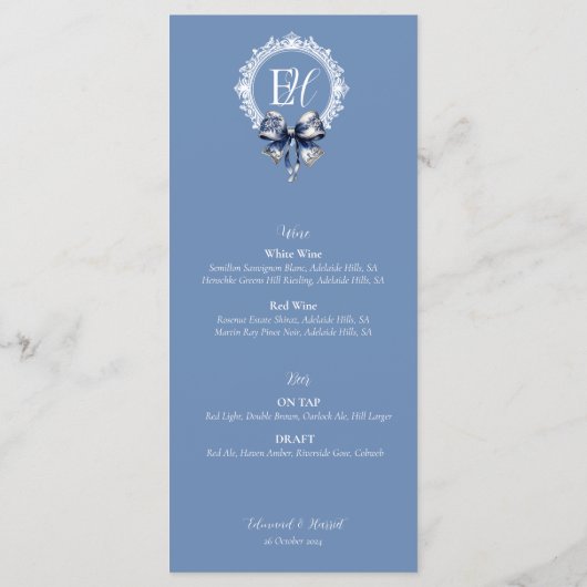 Blue Croquette Inspirierte Wedelmenükarte Menükarte (Rückseite)