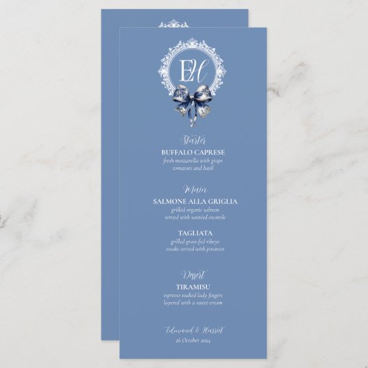 Blue Croquette Inspirierte Wedelmenükarte Menükarte (Vorne/Hinten)