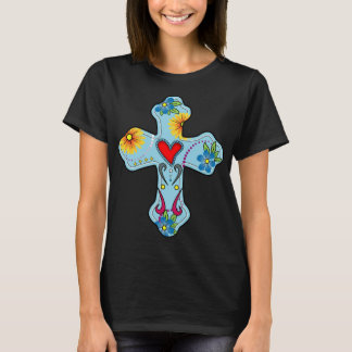 Blue Cross Mexican Folk Art Heart Blume Day T-Shirt