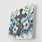 Blue Cross White Hibiskus Quadratische Wanduhr (Winkel)