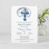 Blue Crucifix Taufe auf Spanisch Einladung (Stehend Vorderseite)