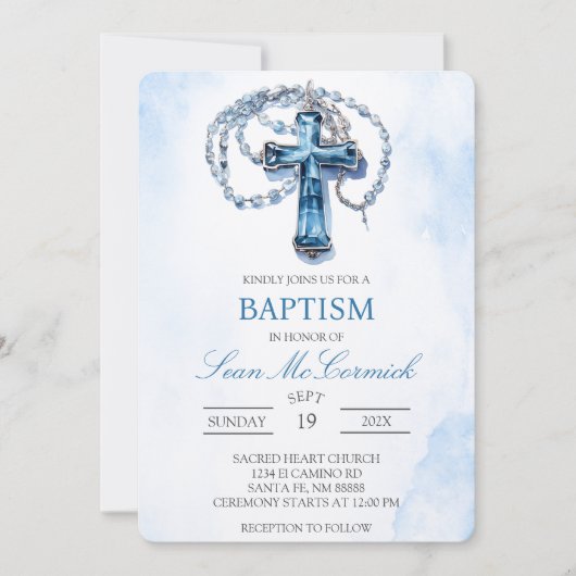 Blue Crucifix Taufe Einladung (Vorderseite)