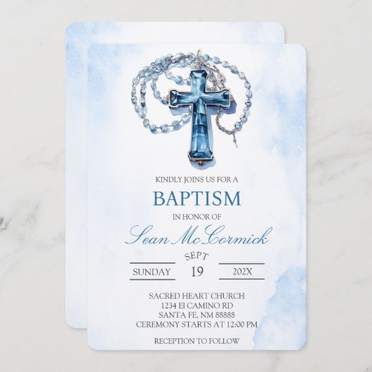 Blue Crucifix Taufe Einladung (Vorne/Hinten)
