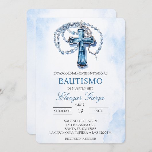 Blue Crucifix Taufe in spanischer Einladung (Vorne/Hinten)
