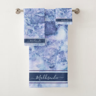 Blue Crystal Monogram Name Marble Agate Custom Badhandtuch Set