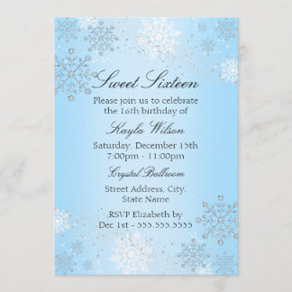 Blue Crystal Snowflake Winter Wonderland Sweet 16 Einladung