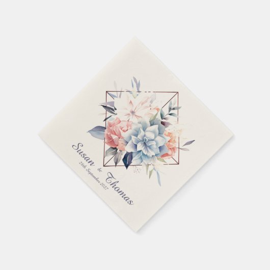 Blue Cube-Flower-2: Personalized Wedding Napkins Serviette (Ecke)