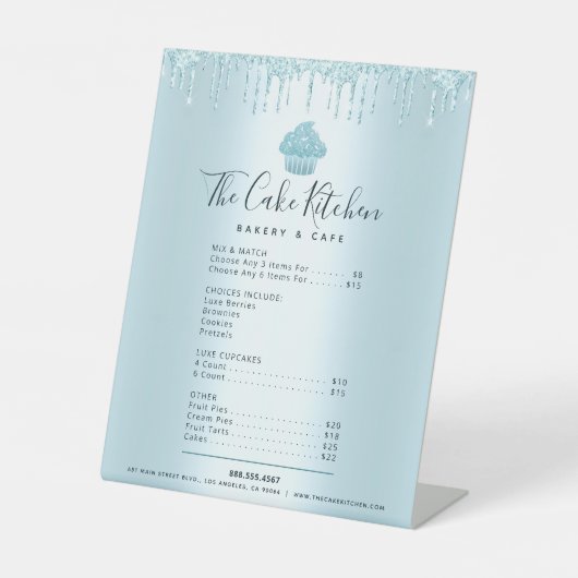 Blue Cupcake Glitzer Tropfens Bäckerei Menü Preisl Sockelschild (Vorderseite)