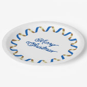 Blue Curly Ribbon Rahmen Weihnachtspapier Platte Pappteller (Schrägansicht)