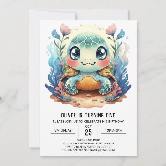 Blue Custom Aquatic Turtle Boy Geburtstag Einladung (Vorderseite)
