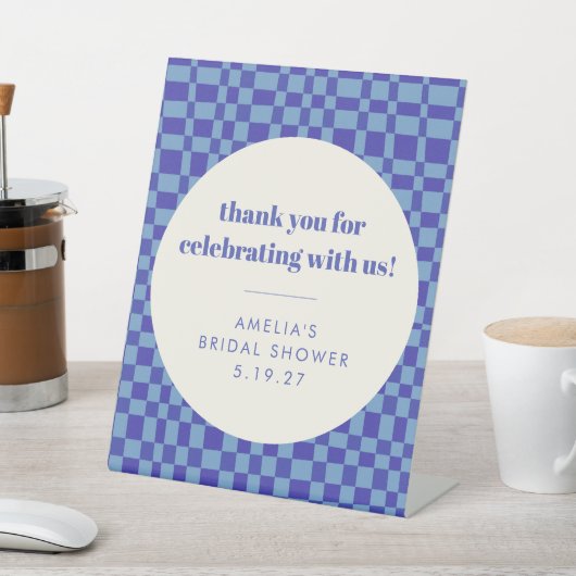 Blue Custom Brautparty Checkerboard Vielen Dank Sockelschild (In SItu)