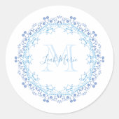 Blue Custom Floral Monogram Elegant Stilvoll Runder Aufkleber (Vorderseite)