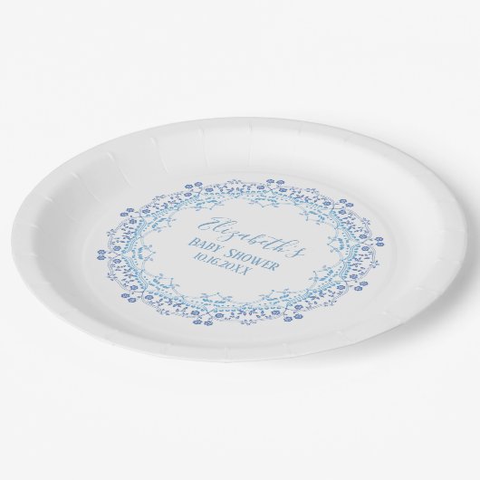Blue Custom Monogram Simple Floral Elegant Pappteller (Schrägansicht)