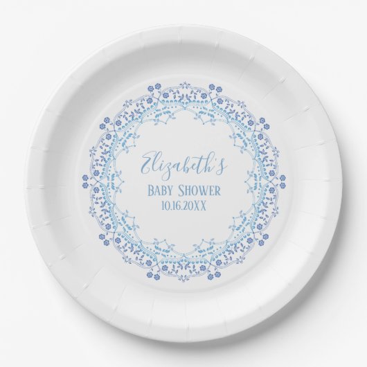 Blue Custom Monogram Simple Floral Elegant Pappteller (Vorderseite)